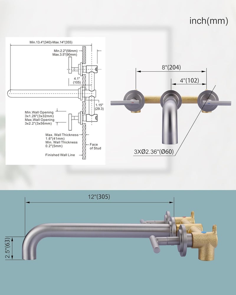 WOWOW Wall Mount Tub Filler: Brushed Nickel Tub Faucet High Flow Two Handles Solid Brass, Long Spout Reach,Tub Faucet Bathroom Bathtub Faucets with 2 Handles with Brass Rough in Valve Included - Image 5