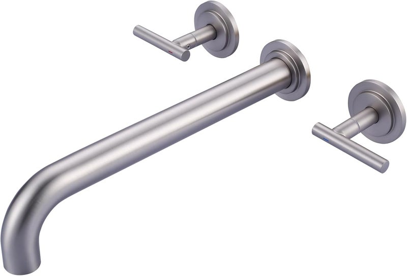 WOWOW Wall Mount Tub Filler: Brushed Nickel Tub Faucet High Flow Two Handles Solid Brass, Long Spout Reach,Tub Faucet Bathroom Bathtub Faucets with 2 Handles with Brass Rough in Valve Included - Image 1