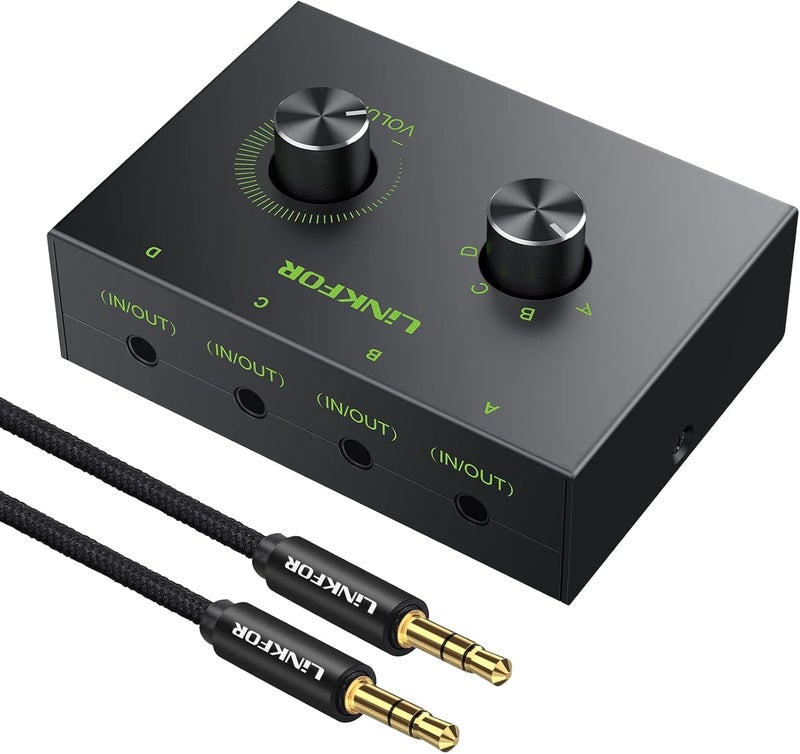 LiNKFOR 4 Port 3.5mm Stereo Audio Switch, 4 Way Stereo Audio Selector, 4 Input 1 Output / 1 Input 4 Output Audio Splitter with Volume Control and 4 Channel Switch Knob - Image 1