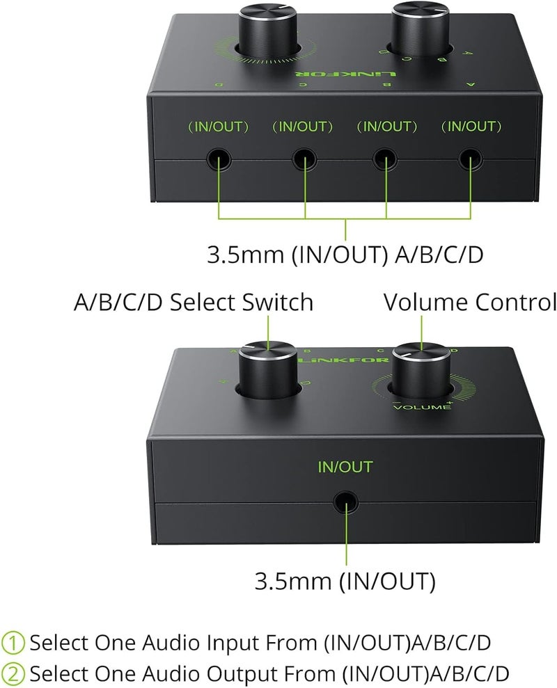 LiNKFOR 4 Port 3.5mm Stereo Audio Switch, 4 Way Stereo Audio Selector, 4 Input 1 Output / 1 Input 4 Output Audio Splitter with Volume Control and 4 Channel Switch Knob - Image 2