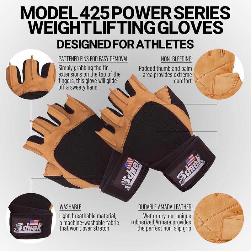 Schiek Sports Model 425 Power Series Weight Lifting Gloves - Leather Gym Gloves with Padded Palms - Image 4