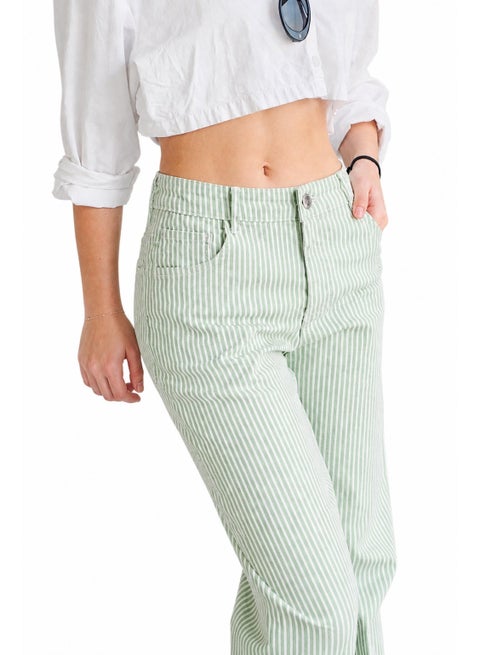 Women’s Mint Green Striped Pants – 100% Egyptian Cotton Mid Waist Straight Leg Trousers