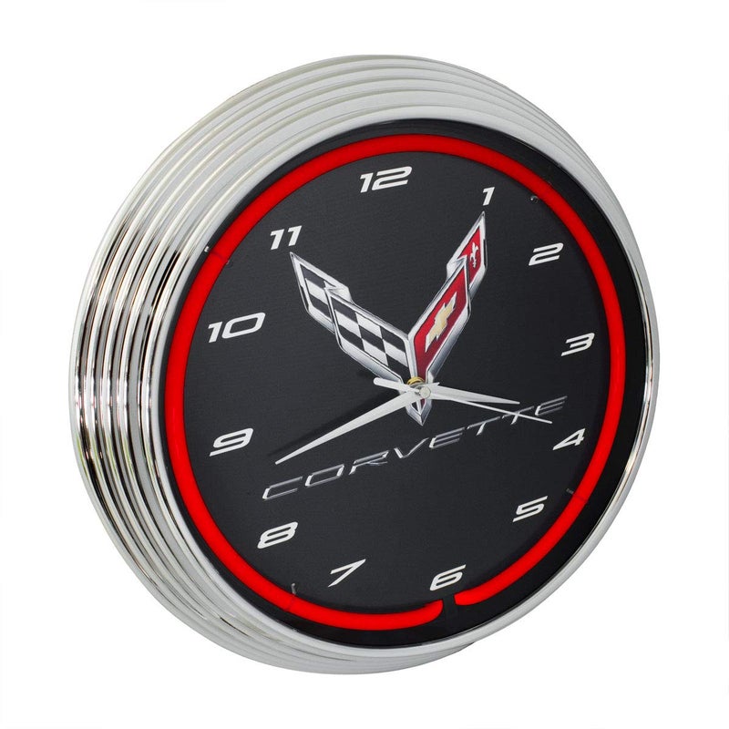 Corvette C8 Next Generation Red Neon Clock 15 Inch Diameter with Chrome Rim and Red Glass Tube 8CORV8
