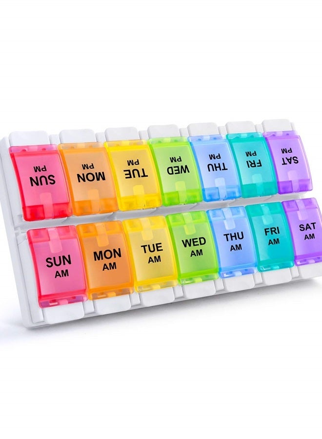 Sukuos AM PM Weekly 7 Day Pill Organizer 2 Times A Day, Large Daily Pill Box with Easy Push Button Design, Detachable Pill Case for Medicine/Vitamin/Fish Oil/Supplements (Rainbow)  - Image 1