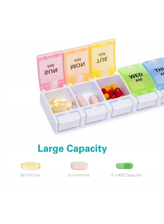 Sukuos AM PM Weekly 7 Day Pill Organizer 2 Times A Day, Large Daily Pill Box with Easy Push Button Design, Detachable Pill Case for Medicine/Vitamin/Fish Oil/Supplements (Rainbow)  - Image 3