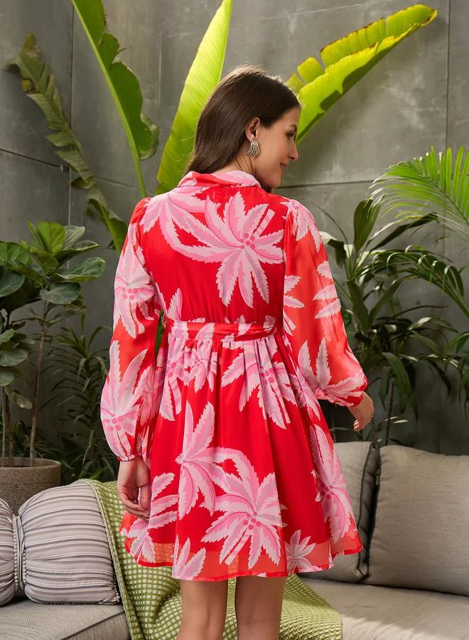 SASSAFRAS Sassafras Red Palm Print Front Button Mini Dress
