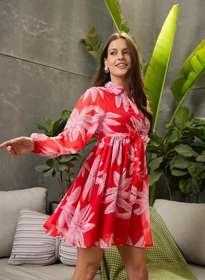 SASSAFRAS Sassafras Red Palm Print Front Button Mini Dress