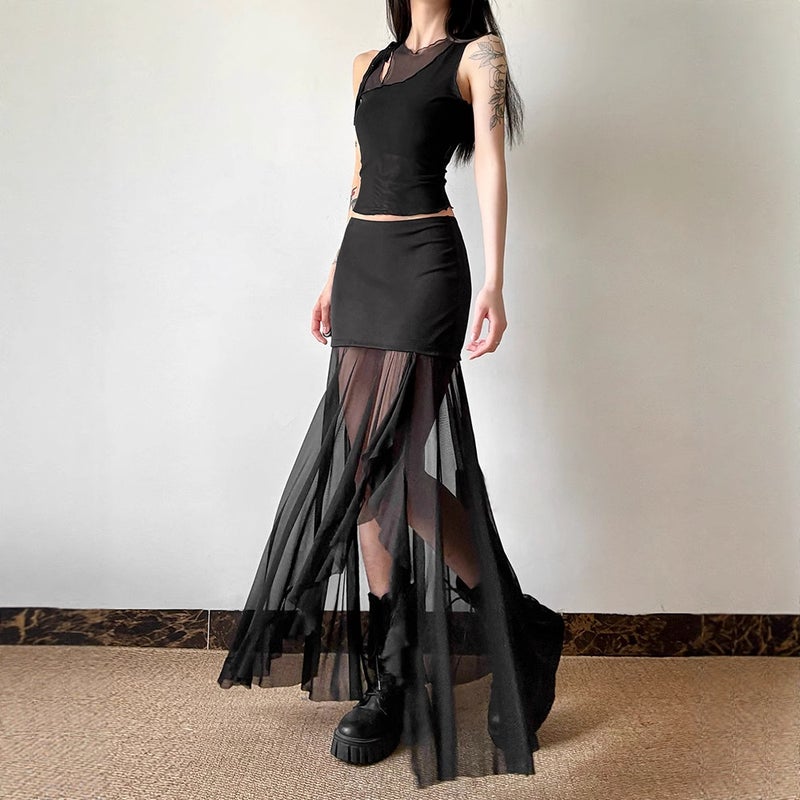 Y2K Mesh Patchwork High Waist Skirt for Women, Summer Ruffled Hem Split Irregular Skirt - Image 3