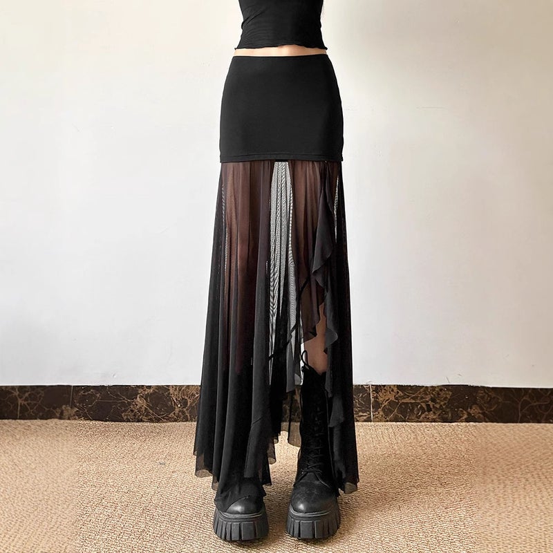 Y2K Mesh Patchwork High Waist Skirt for Women, Summer Ruffled Hem Split Irregular Skirt - Image 4