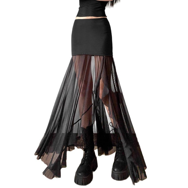 Y2K Mesh Patchwork High Waist Skirt for Women, Summer Ruffled Hem Split Irregular Skirt - Image 5