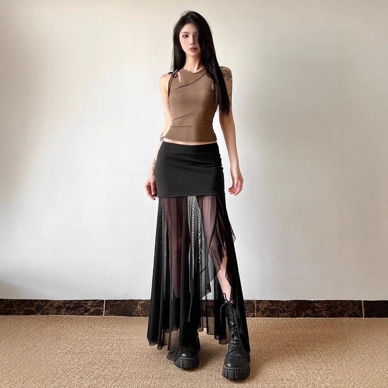Y2K Mesh Patchwork High Waist Skirt for Women, Summer Ruffled Hem Split Irregular Skirt - Image 2