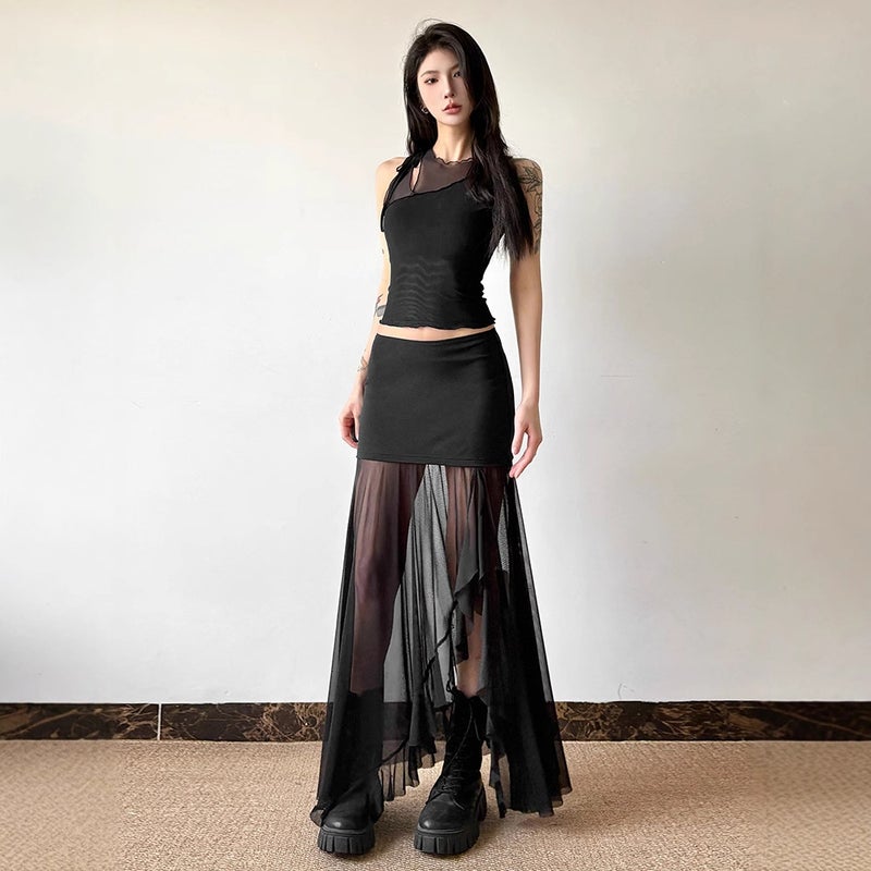 Y2K Mesh Patchwork High Waist Skirt for Women, Summer Ruffled Hem Split Irregular Skirt - Image 1