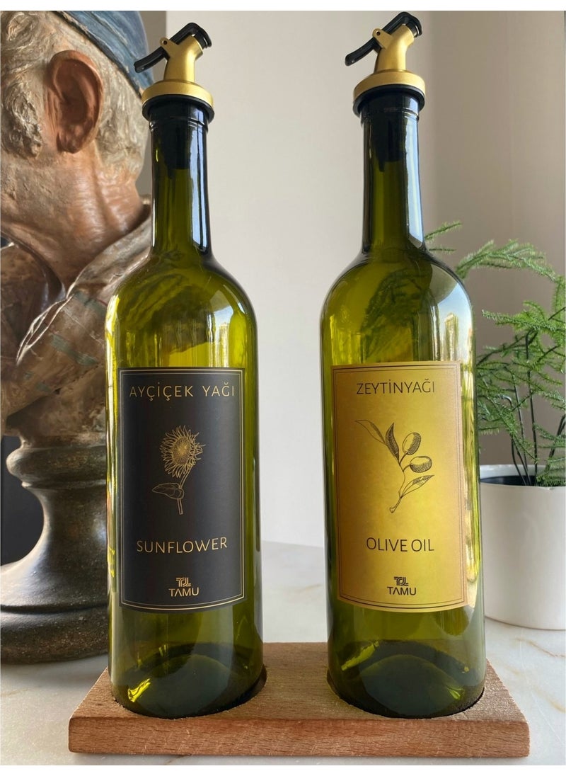 Tamu Gold 2-Piece 750 ml Olive Oil Bottle Drip-Free Oil Pot Oil Bowl with Wooden Stand Gold  - Image 1