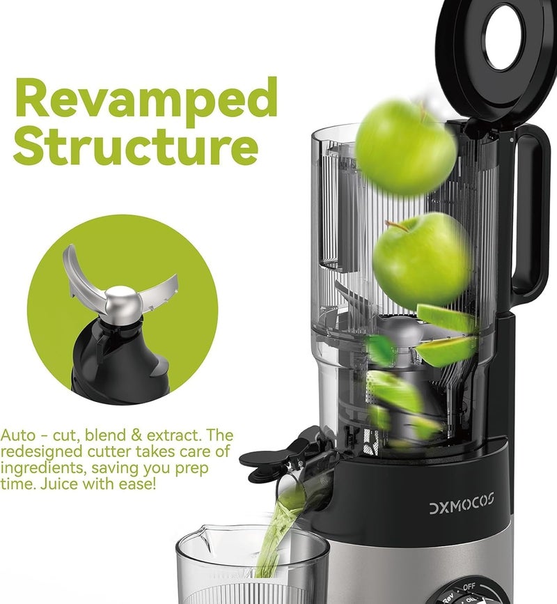 Dxmocos Cold Press Juicer Machine, 5.2" Wide Feed Chute Juice Extractor, 54 oz Large Hopper, Easy to Clean & High Juice Yield, BPA Free, Slow Masticating Juicer for Whole Fruits & Vegetables - Image 3