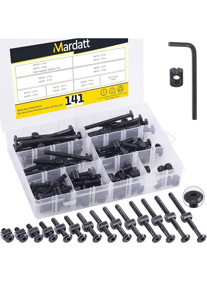 Mardatt 140Pcs 14Sizes M6 Screws Hardware Replacement Kit Black Hex Socket Cap Bolts and Barrel Nuts Cross Dowel Assortment Kit for Beds Furniture - Image 1