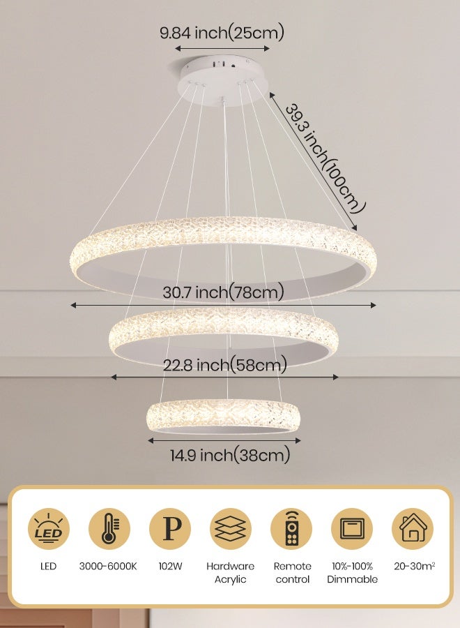 YATAI LIGHTING Modern White Triple Ring LED Chandelier, 102W, Adjustable Height & Dimming, Remote Control, 78cm+58cm+38cm, Crystal Resin Chandelier Light for Dining Room, Living Room & Bedroom  - Image 3