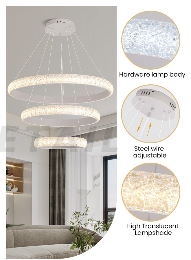 YATAI LIGHTING Modern White Triple Ring LED Chandelier, 102W, Adjustable Height & Dimming, Remote Control, 78cm+58cm+38cm, Crystal Resin Chandelier Light for Dining Room, Living Room & Bedroom  - Image 4