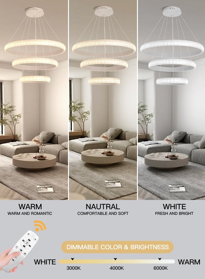 YATAI LIGHTING Modern White Triple Ring LED Chandelier, 102W, Adjustable Height & Dimming, Remote Control, 78cm+58cm+38cm, Crystal Resin Chandelier Light for Dining Room, Living Room & Bedroom  - Image 2