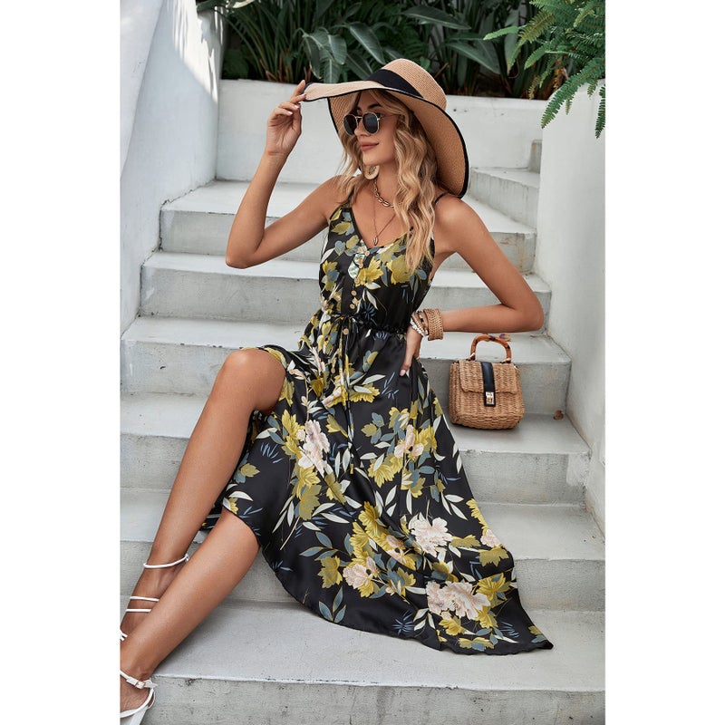 BROVAVE Women's 2025 Summer Casual Boho Sundress Polka Dot Spaghetti Strap V Neck Flowy Midi Dresses(008 Yellow Floral, Large) - Image 5
