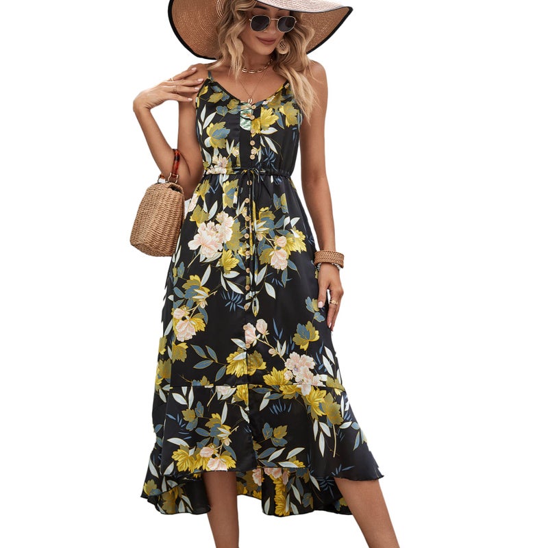 BROVAVE Women's 2025 Summer Casual Boho Sundress Polka Dot Spaghetti Strap V Neck Flowy Midi Dresses(008 Yellow Floral, Large) - Image 1