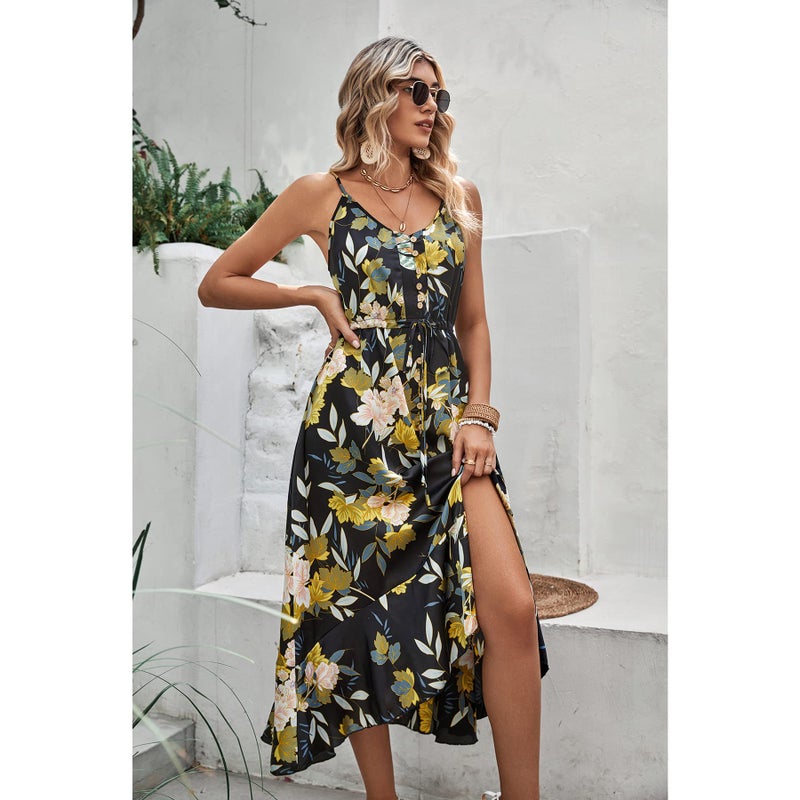 BROVAVE Women's 2025 Summer Casual Boho Sundress Polka Dot Spaghetti Strap V Neck Flowy Midi Dresses(008 Yellow Floral, Large) - Image 4