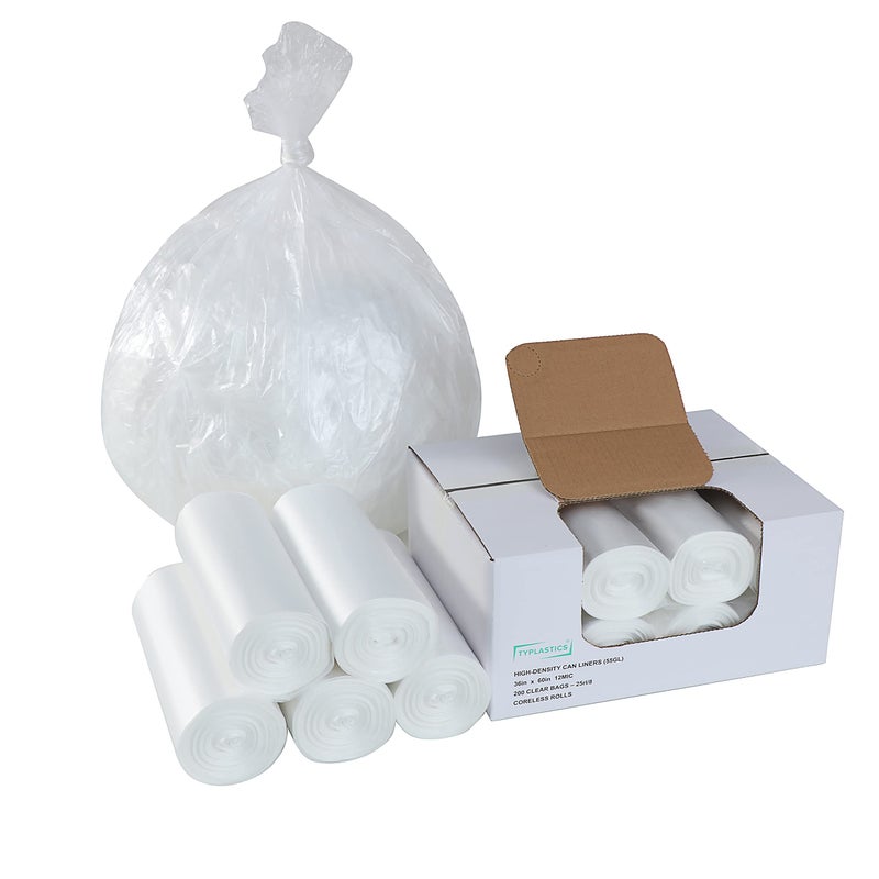 TYPLASTICS 55 Gallon Clear Trash Can Liners - 36" x 60" - High Density Garbage Bags - Case of 200 - Multipurpose for Office, Outdoor, Recycling, Industrial and Commercial - Image 1