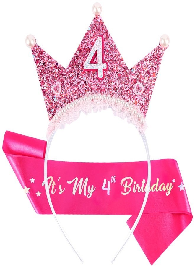 Vovii Birthday Girl Headband with Pearl & Sash Set for 4th Birthday Decorations for Girls, Princess Crown Headband for 4 Year Old Girl Outfit Gift Dress - Image 1