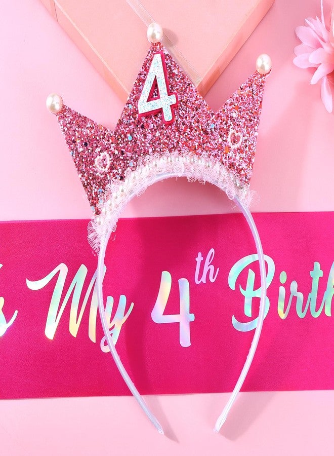 Vovii Birthday Girl Headband with Pearl & Sash Set for 4th Birthday Decorations for Girls, Princess Crown Headband for 4 Year Old Girl Outfit Gift Dress - Image 2