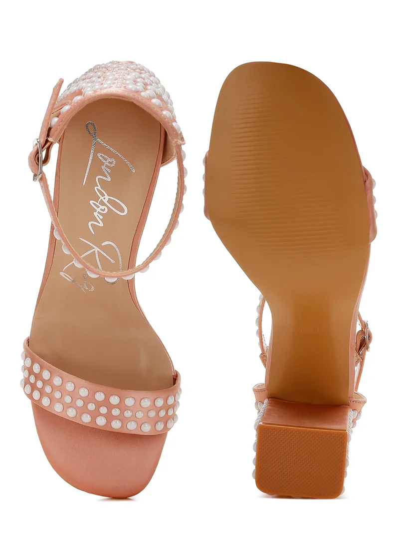 London Rag Pearls Embellished Satin Sandals in Rose Gold
