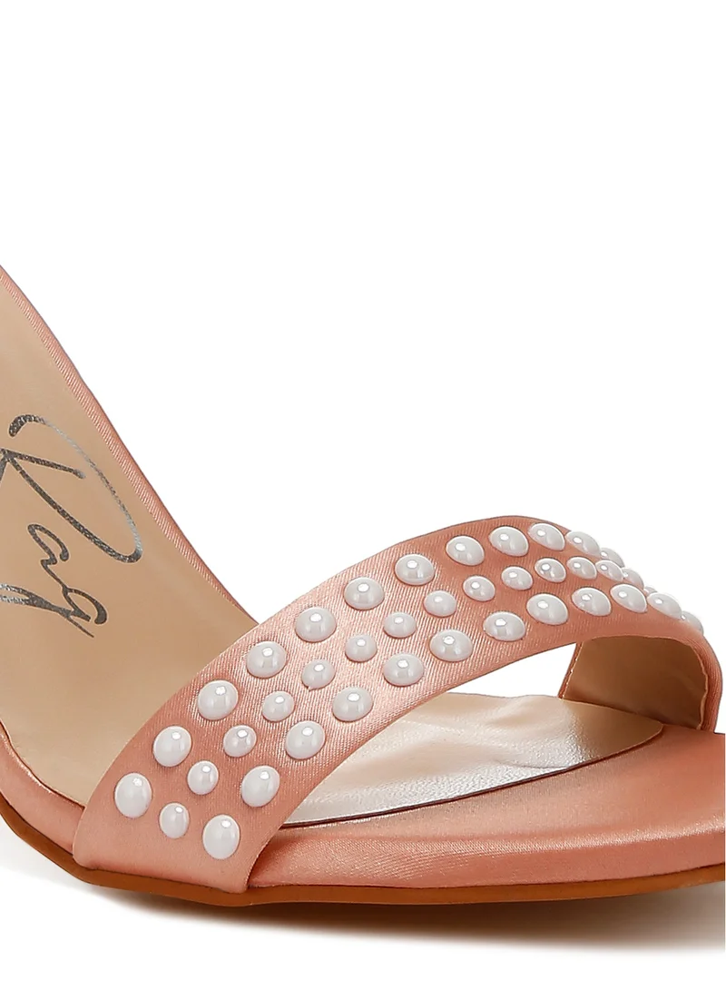 London Rag Pearls Embellished Satin Sandals in Rose Gold