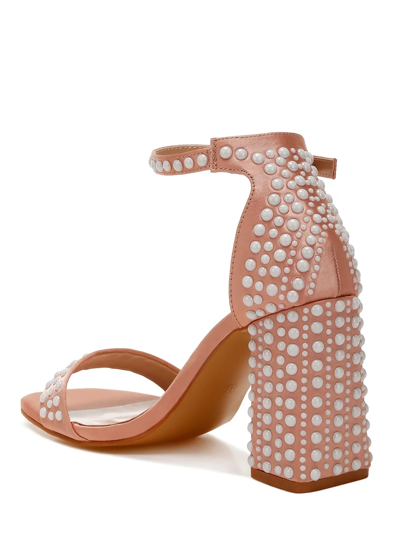 London Rag Pearls Embellished Satin Sandals in Rose Gold