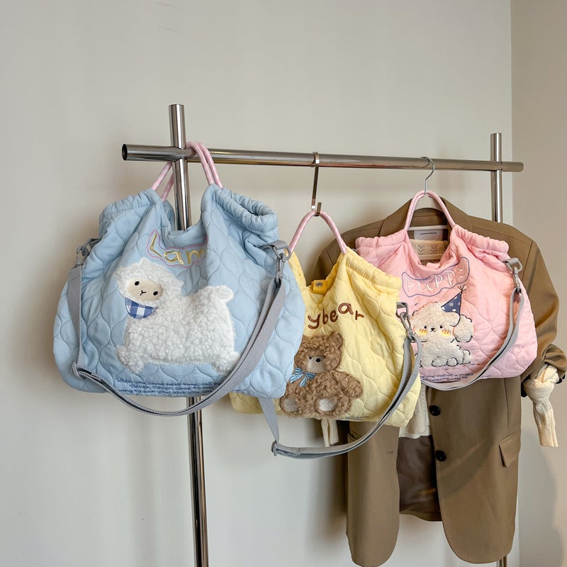 Spring 2025 Korean Style Cute Embroidered Pattern Drawstring Shoulder Bag Simple All-Match College Style Crossbody Bag - Image 5