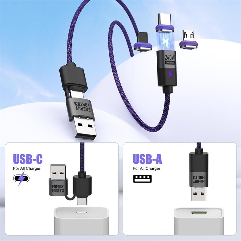 240W USB C Fast Charging Cable, 2-in-1 USB C+USB A Convertible Magnetic PD 3.1 Cable, 480 Mbps Speed, Braided Cord Cable. (1.2M, 1Lightning & 1Micro & 1*Type-C) - Image 3