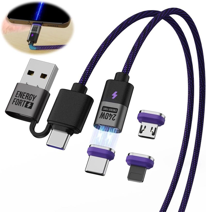 240W USB C Fast Charging Cable, 2-in-1 USB C+USB A Convertible Magnetic PD 3.1 Cable, 480 Mbps Speed, Braided Cord Cable. (1.2M, 1Lightning & 1Micro & 1*Type-C) - Image 1