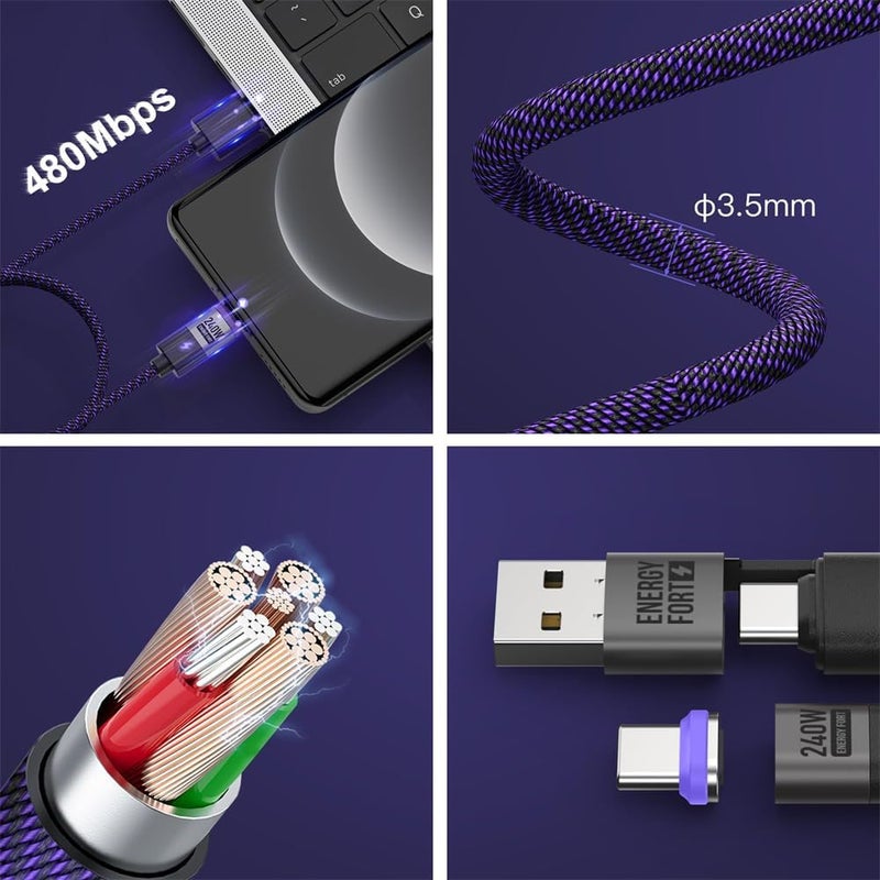 240W USB C Fast Charging Cable, 2-in-1 USB C+USB A Convertible Magnetic PD 3.1 Cable, 480 Mbps Speed, Braided Cord Cable. (1.2M, 1Lightning & 1Micro & 1*Type-C) - Image 4