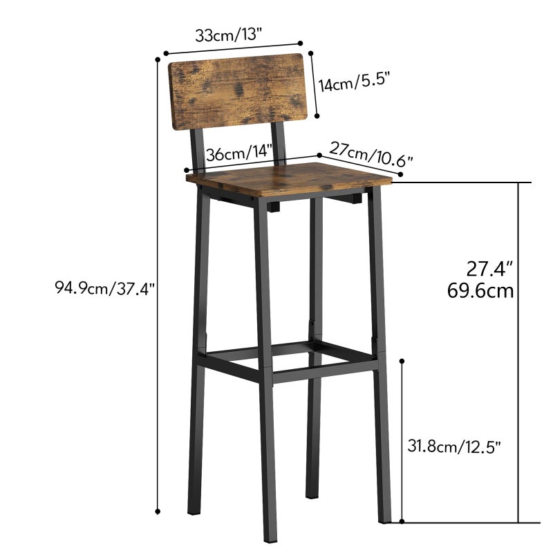 GILLAS Set of 2 Bar Stools, Tall Bar Stool with Backrest and Footrest, Tall Bar Chairs, Industrial Style Counter Height Bar Stool for Dining Room, Kitchen, Rustic Brown - Image 2