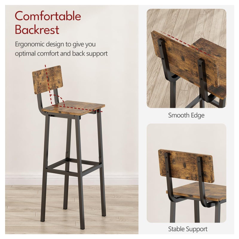 GILLAS Set of 2 Bar Stools, Tall Bar Stool with Backrest and Footrest, Tall Bar Chairs, Industrial Style Counter Height Bar Stool for Dining Room, Kitchen, Rustic Brown - Image 4
