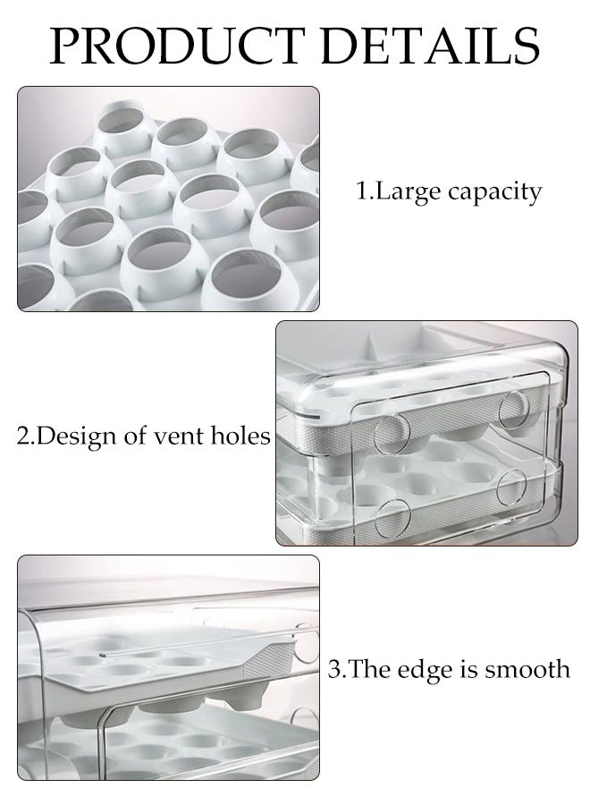 DUNISO 32 Grid Egg Holder Egg Storage Drawer Container 2 layer drawer Household Egg Storage Box Stackable Egg Storage Tray Shockproof and Drop-Proof Food Storage Container Plastic Egg Basket Organiser for Refrigerator  - Image 3