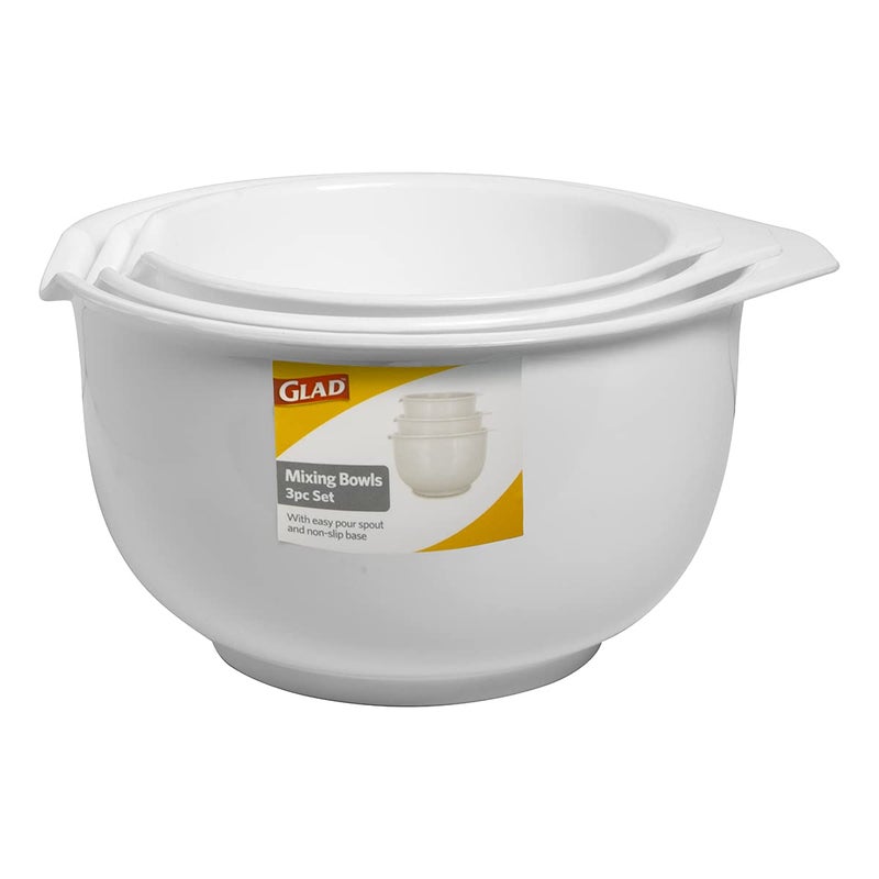 GLAD Mixing Bowls with Pour Spout, Set of 3 | Nesting Design Saves Space | Non-Slip, BPA Free, Dishwasher Safe Plastic | Kitchen Cooking and Baking Supplies, White - Image 4