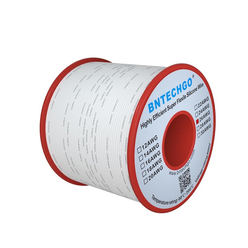 BNTECHGO سلك سيليكون BNTECHGO 26 قياس لفة 250 قدم أبيض مرن 26 AWG نحاس معزول مجدول - Image 1