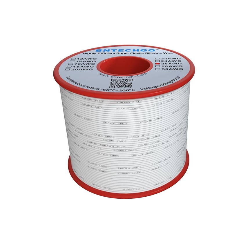 BNTECHGO سلك سيليكون BNTECHGO 26 قياس لفة 250 قدم أبيض مرن 26 AWG نحاس معزول مجدول - Image 2