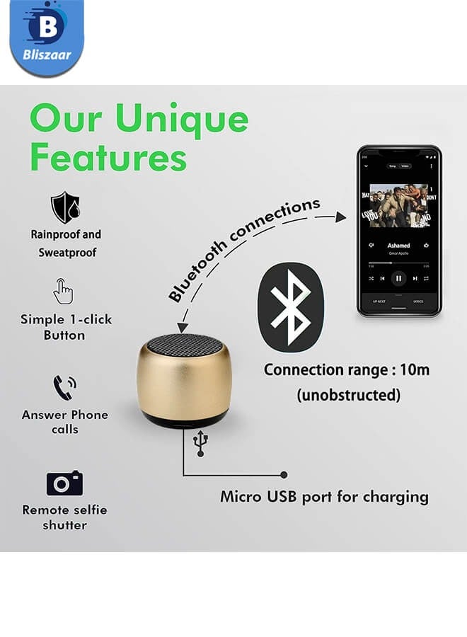 Bliszaar Best Mini Portable Bluetooth Speaker with HD Sound & Bass, Smallest Wireless Bluetooth Speakers for Phone/PC/Tablet, Photo Selfie Button Answer Phone Calls, Cute Tiny Speaker, Gold - Image 2