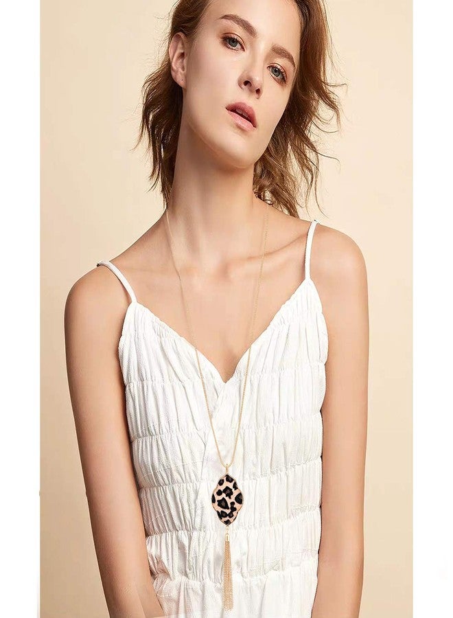 PHALIN Long Necklace for Women Leopard Quatrefoil Pendant Necklace Bohemia Fringe Tassel Necklaces Y Chain Necklace Fashion Jewelry (A Gold-Leopard) - Image 2