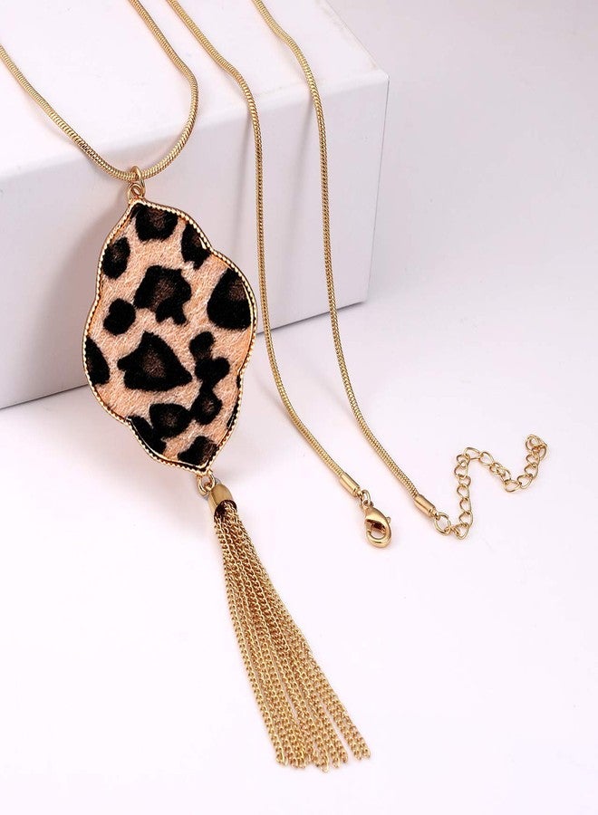 PHALIN Long Necklace for Women Leopard Quatrefoil Pendant Necklace Bohemia Fringe Tassel Necklaces Y Chain Necklace Fashion Jewelry (A Gold-Leopard) - Image 3