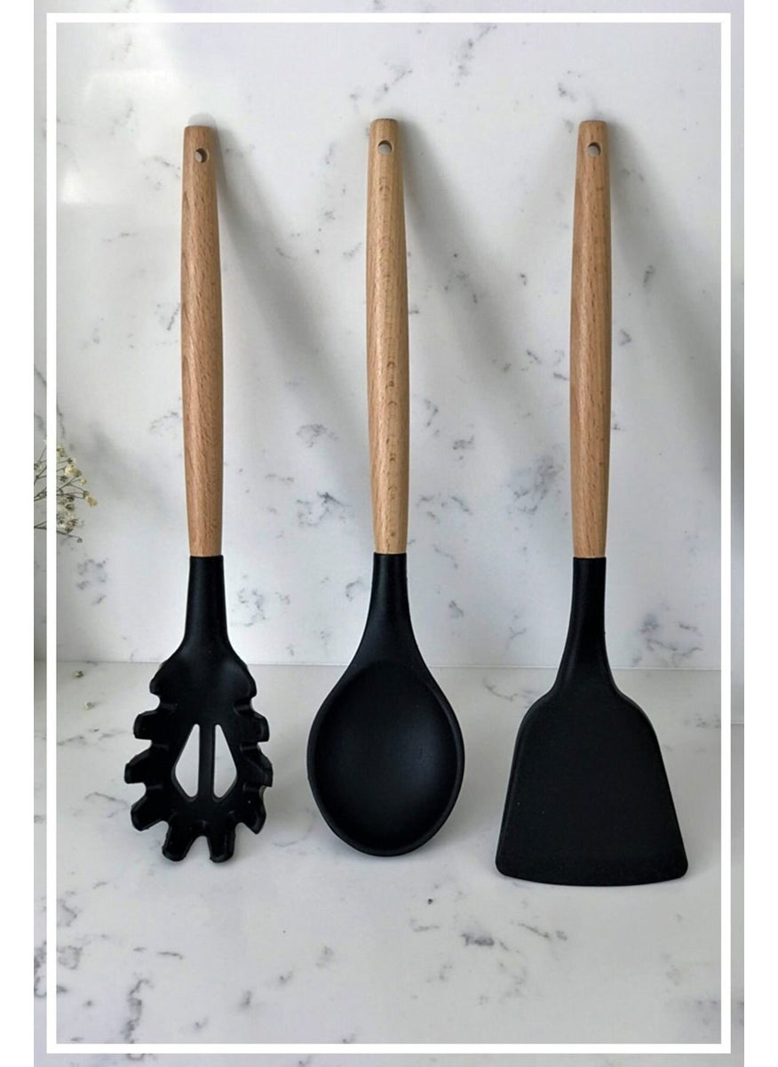 Hazarpazar Bamboo Handle Silicone Spoon & Spatula & Spaghetti - Black 