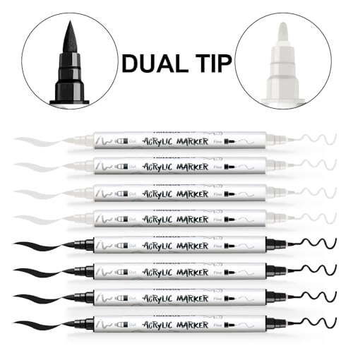 TRANSON 4 Black and 4 White Paint Markers Brush and Fine Dual-tip Acrylic Paint Marker Set for Rock Painting Glass Canvas Wood Leather Ceramic Painting - Image 4