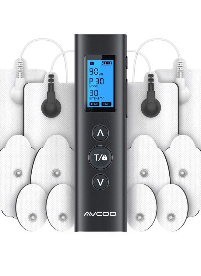 AVCOO - 30 Modes TENS EMS Unit Compact Muscle Stimulator for Pain Relief, Rechargeable & Portable Dual Channel EMS Muscle Stimulator with 30 Intensity Levels and 12 Electrode Tens Unit Replacement Pads - Image 1