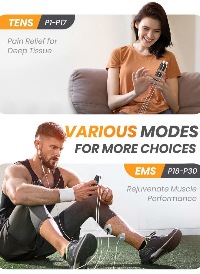 AVCOO - 30 Modes TENS EMS Unit Compact Muscle Stimulator for Pain Relief, Rechargeable & Portable Dual Channel EMS Muscle Stimulator with 30 Intensity Levels and 12 Electrode Tens Unit Replacement Pads - Image 1