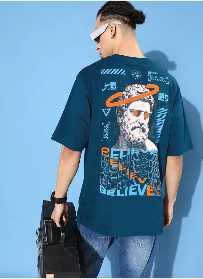 ديفيرينس أوف أوبينيون Oversized Believe Back Print T-Shirt with Badge Detail by Styli