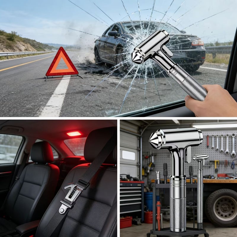 Silvery 3 In 1 Car Safety Hammer With Window Breaker And Seatbelt Cutter - Image 1